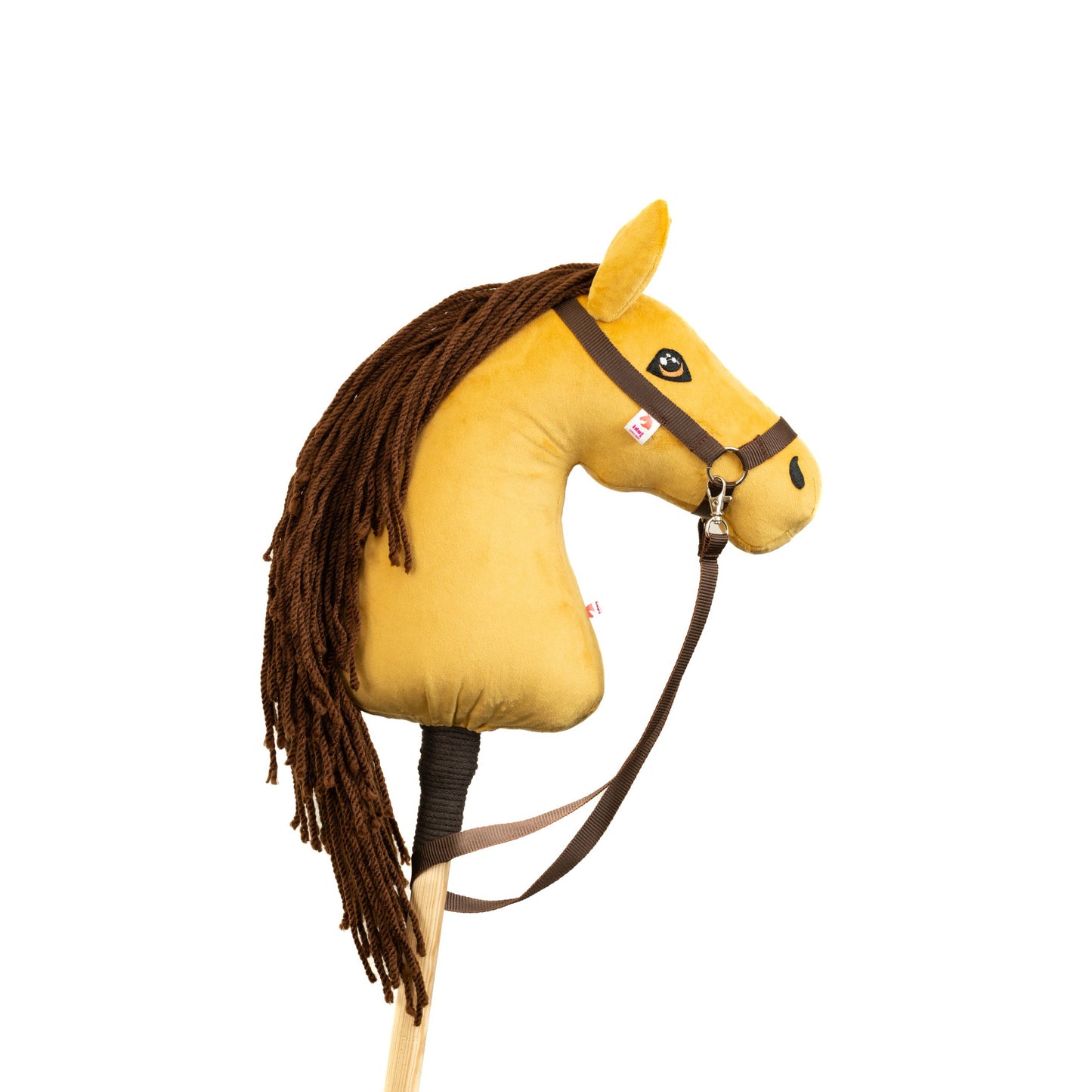 Hobby horse hříbě jménem Senf s tmavě hnědou hřívou, ručně šitý v ČR.