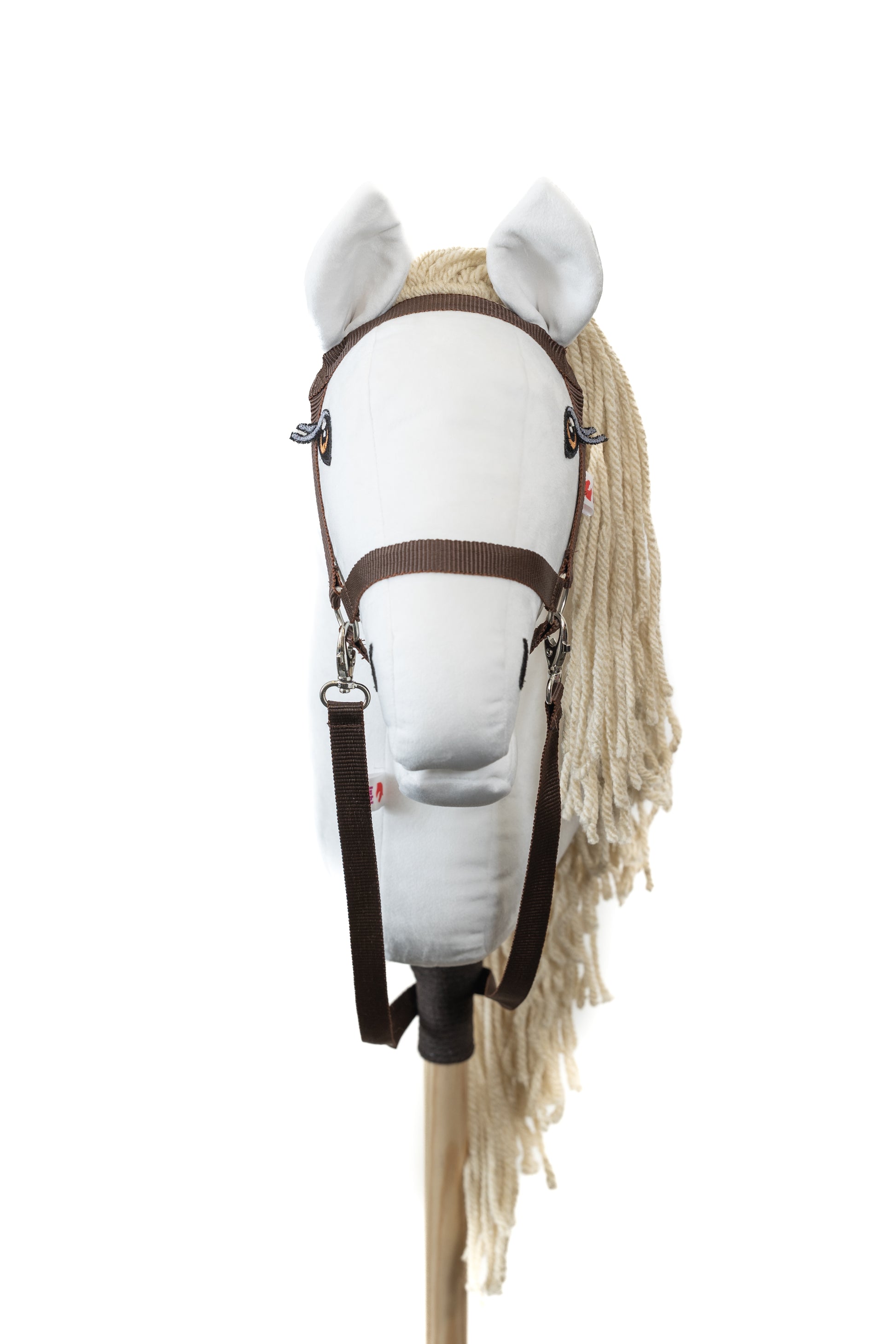 Bílý hobby horse bělouš jménem Snow, dospělý kůň na tyči, česká ruční výroba.