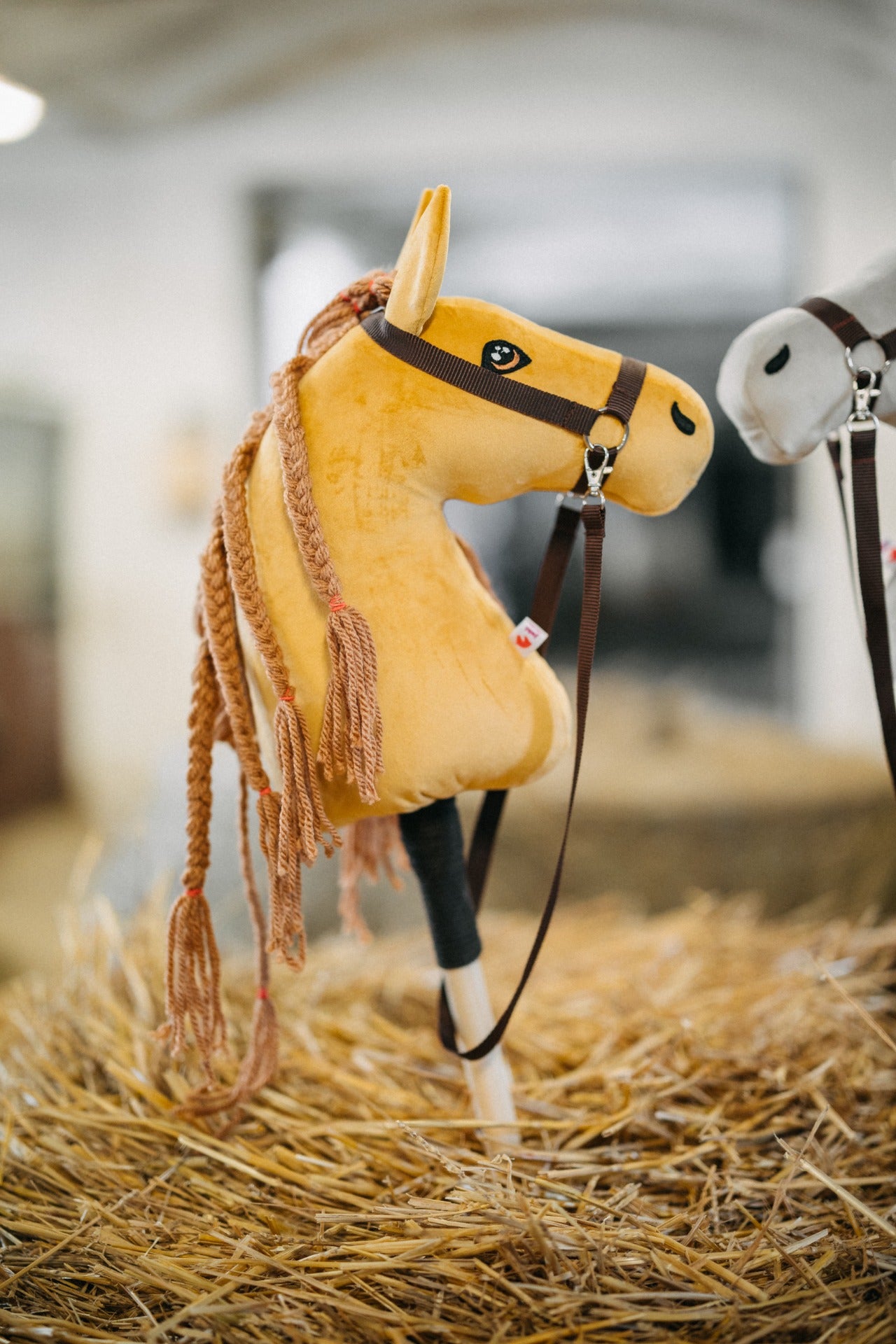 Hobby horse jménem Senf se světlou hřívou, hříbě na tyči, česká ruční výroba.