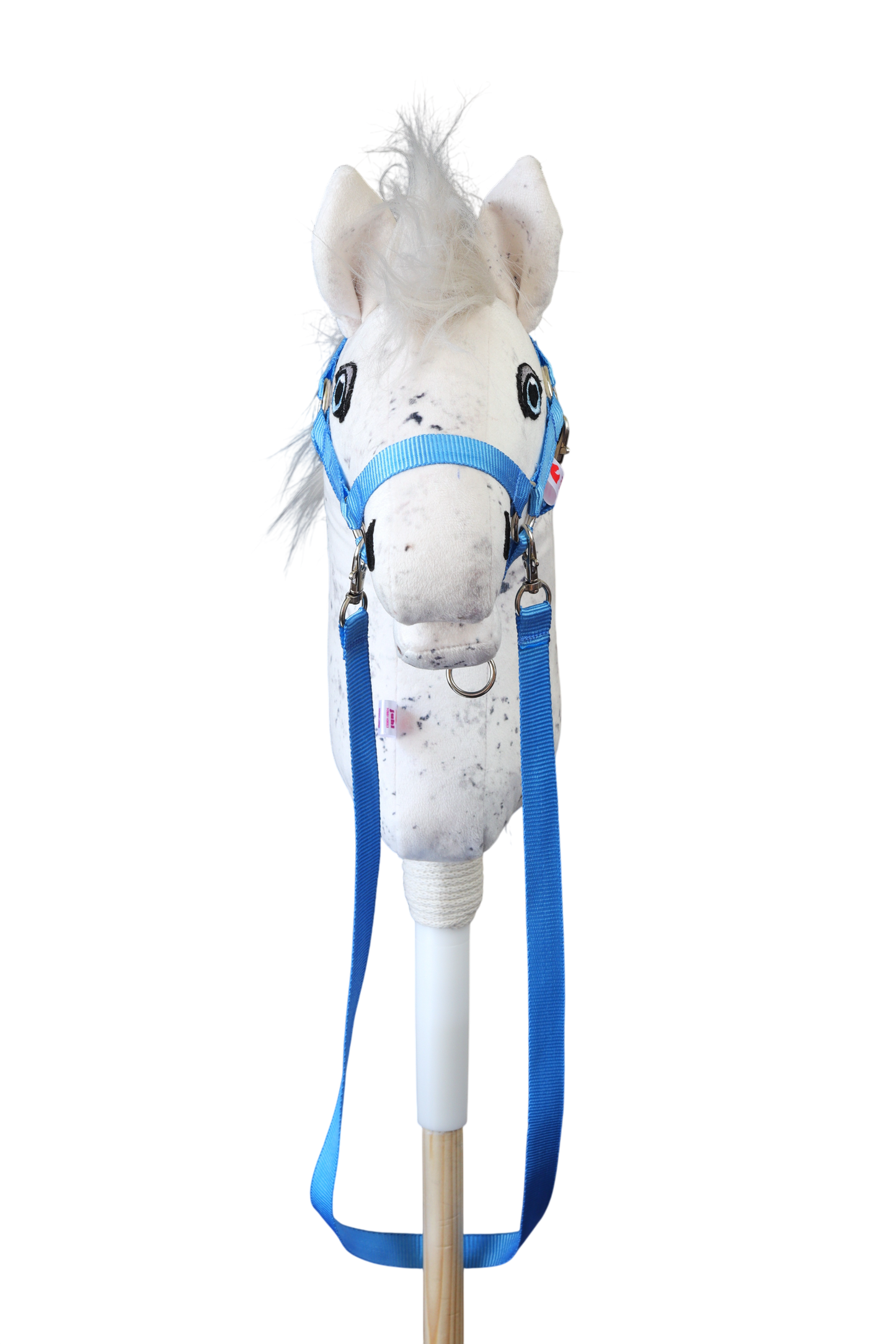 Hobbyhorse s modrou ohlávkou a otěží z polypropylenu. Pohled zepředu.