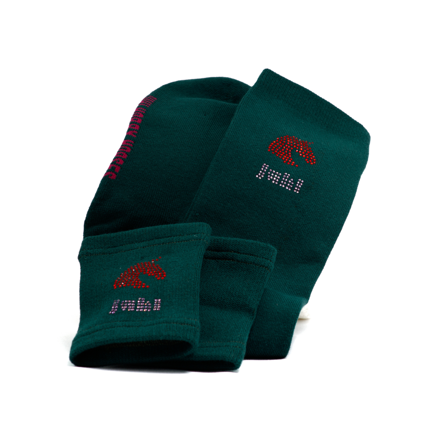 Výhodný set pro jezdkyně: tmavě zelené podkolenky a potítka s motivem koně JUHI.