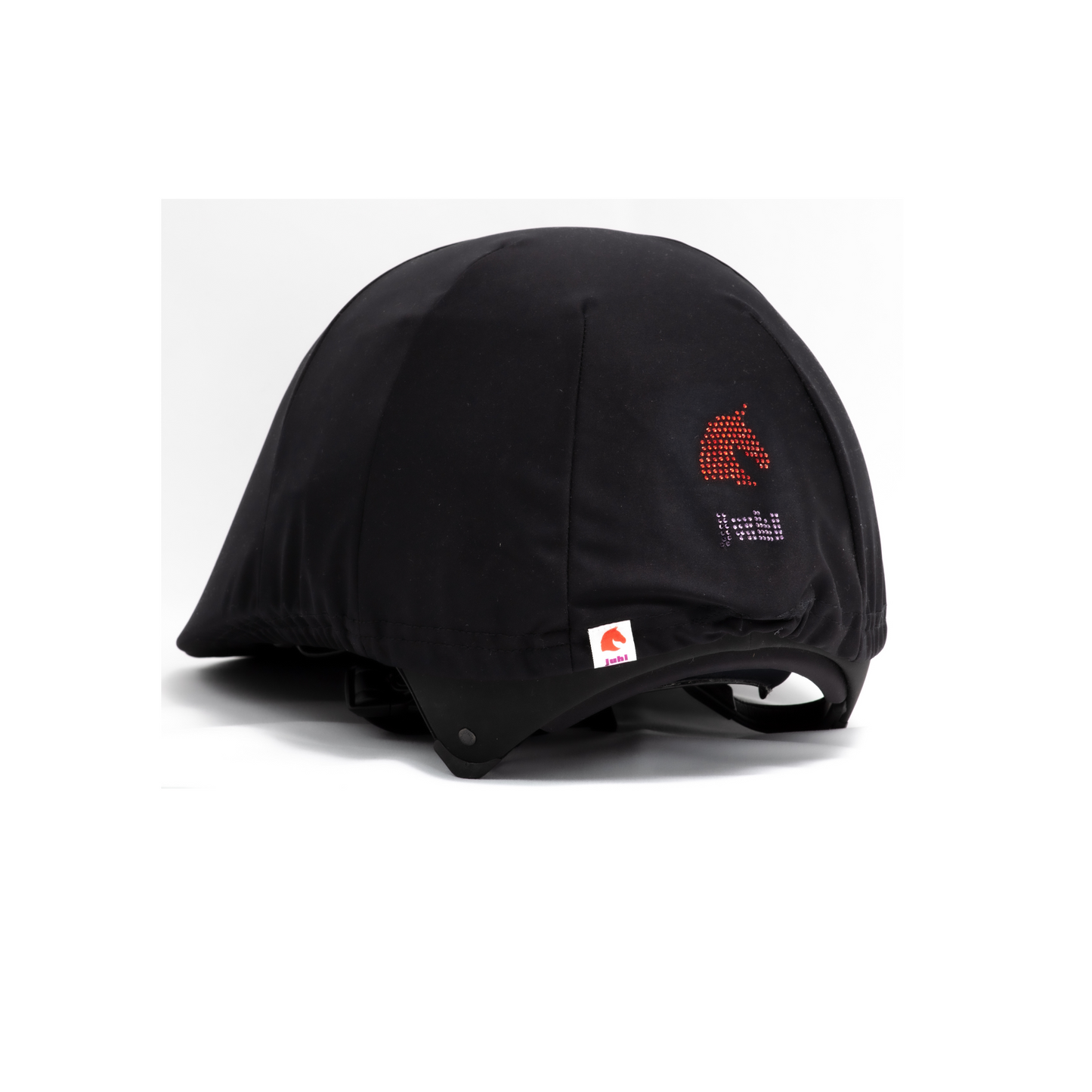 Černá nepromokavá pláštěnka JUHI pro ochranu jezdecké helmy před deštěm, vhodná pro jezdectví i hobbyhorsing.