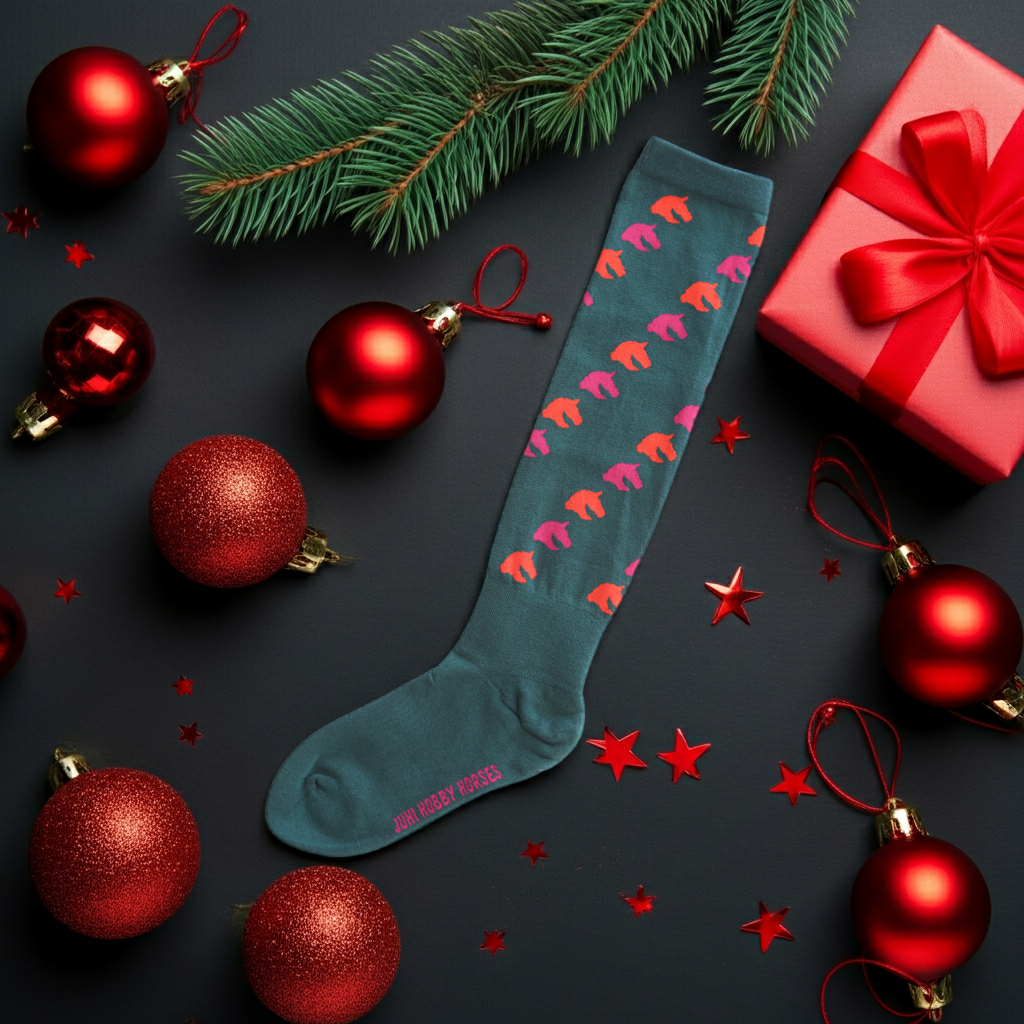 Knee socks for hobbyhorsing green with horse pattern