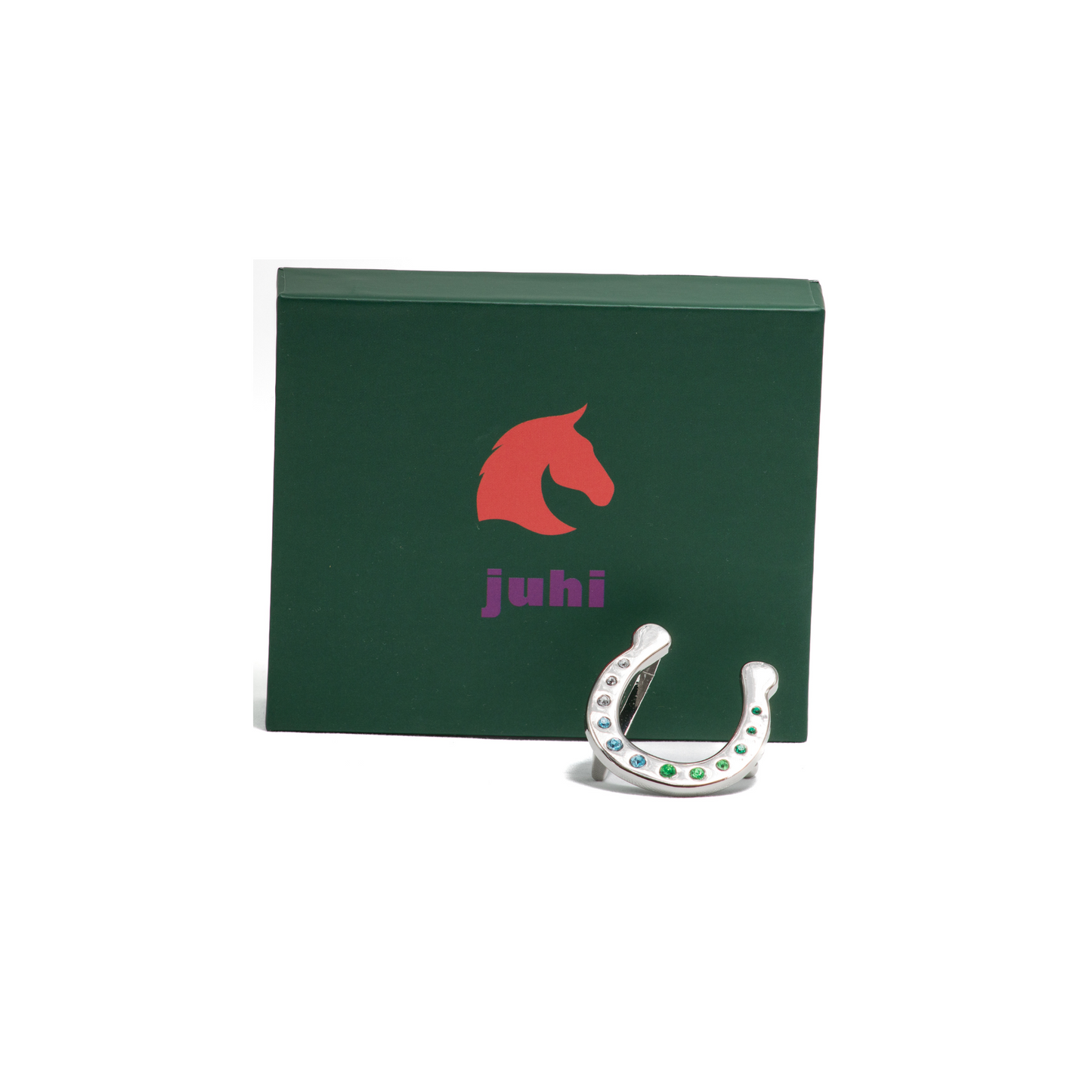 Vyměnitelná stříbrná spona na pásek ve tvaru podkovy, doplněk pro jezdectví a hobbyhorsing.