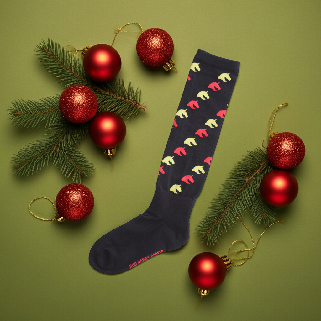 Knee socks for hobbyhorsing black with horse pattern