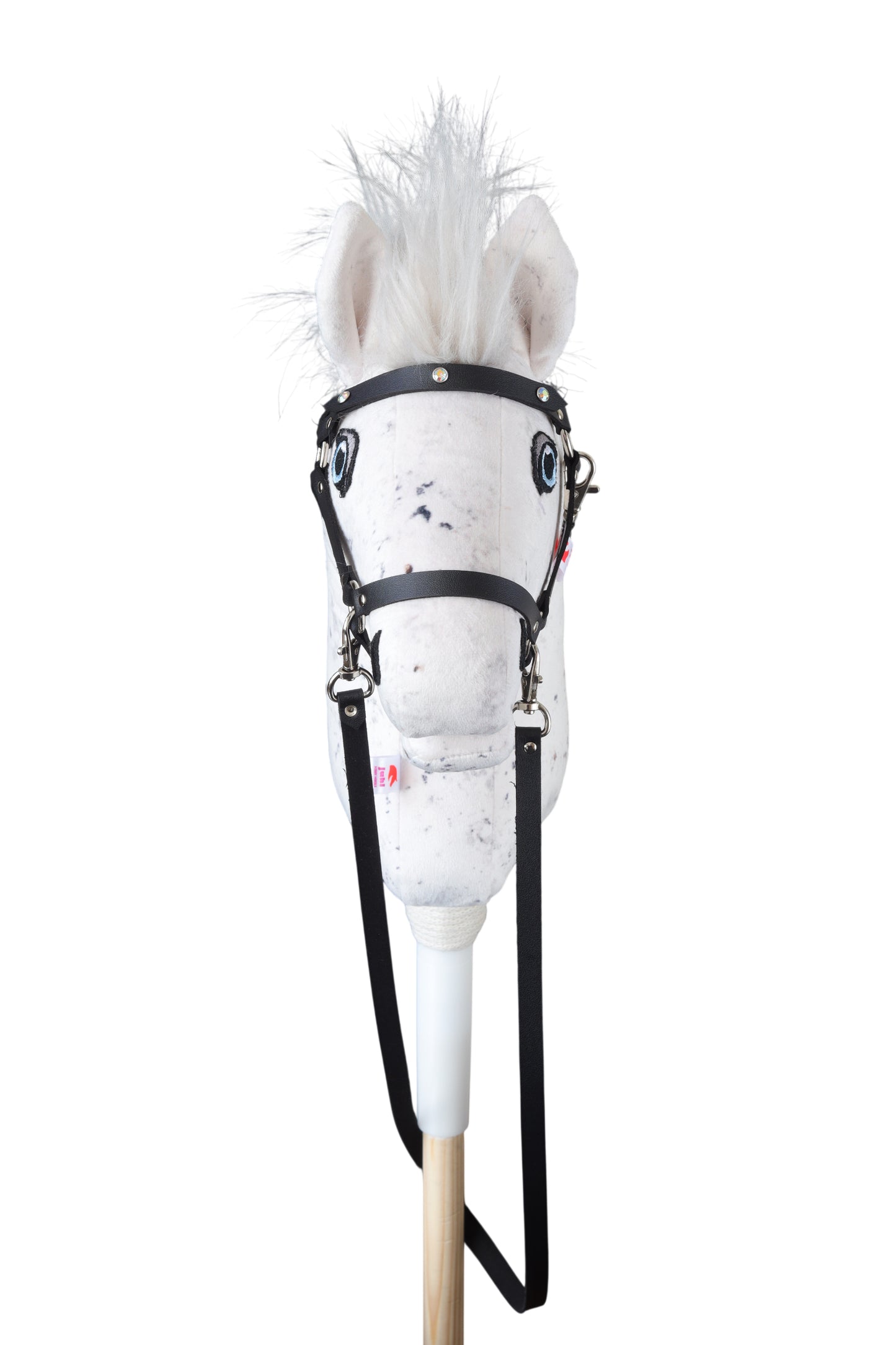 Hobbyhorse s černou ohlávkou s ozdobnými nýty. Pohled zepředu.