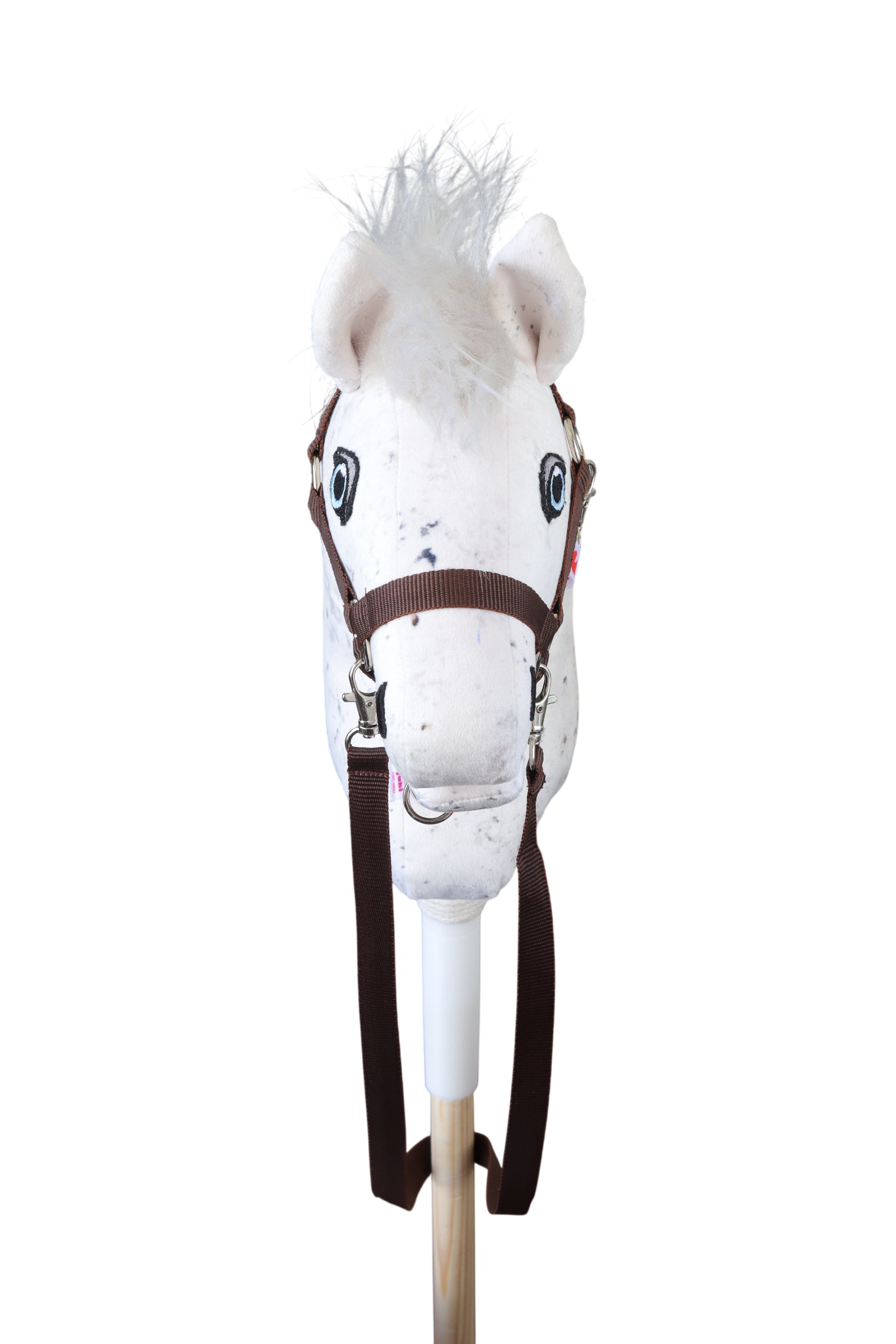 Hobbyhorse s hnědou ohlávkou a otěží z polypropylenu. Pohled zepředu.