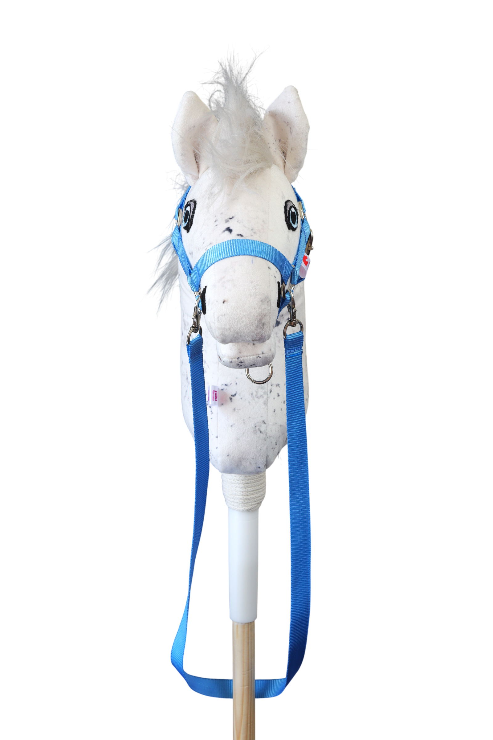 Hobbyhorse s modrou ohlávkou a otěží z polypropylenu. Pohled zepředu.