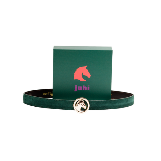 Dark green belt with changeable gold horse head buckle