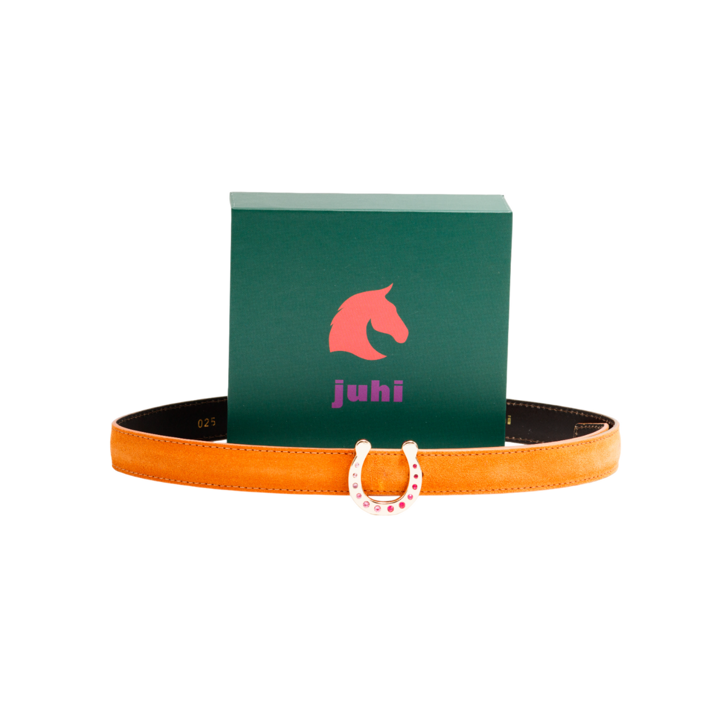 Orange belt with changeable gold horseshoe buckle with Swarovski stones