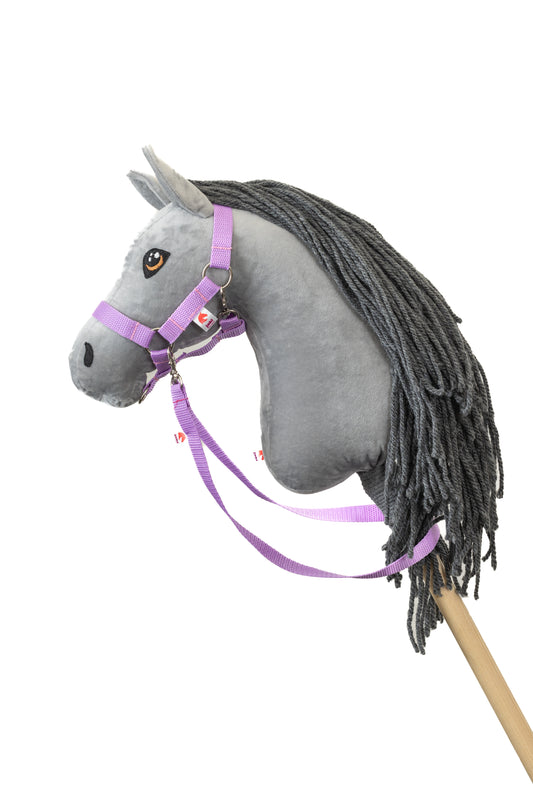 Fialová (lila) ohlávka s otěží a zdobením pro hobby horse, ručně vyrobený doplněk JUHI.