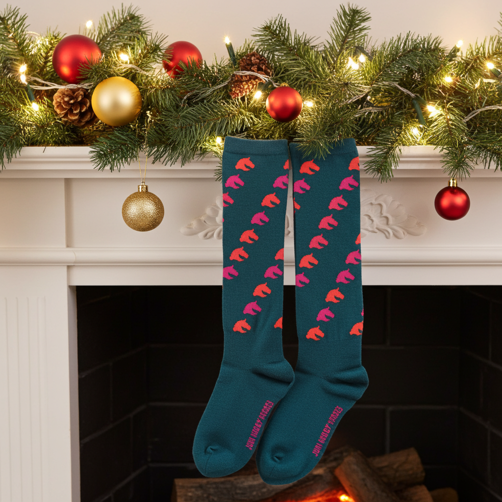 Knee socks for hobbyhorsing green with horse pattern