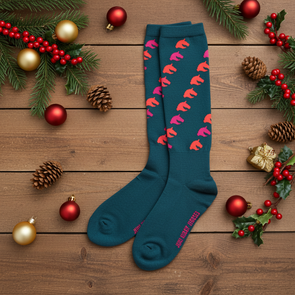 Knee socks for hobbyhorsing green with horse pattern