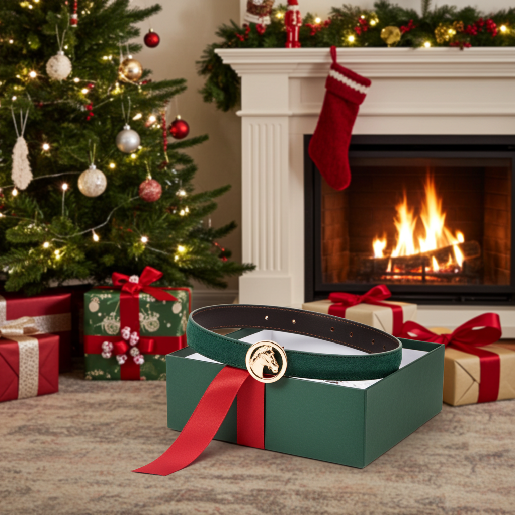 Dark green belt with changeable gold horse head buckle