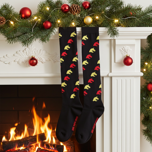 Knee socks for hobbyhorsing black with horse pattern